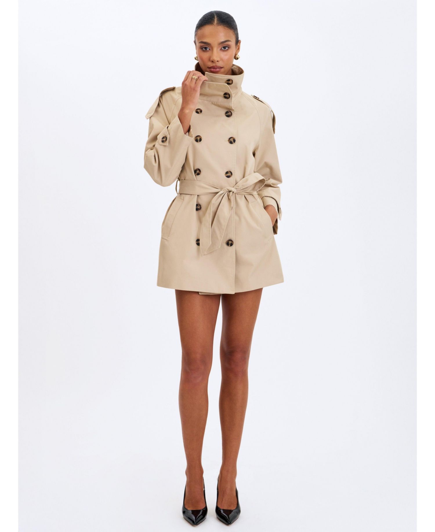 Women's Vanetta Tan High Collar Double-Breasted Trench Mini Coat