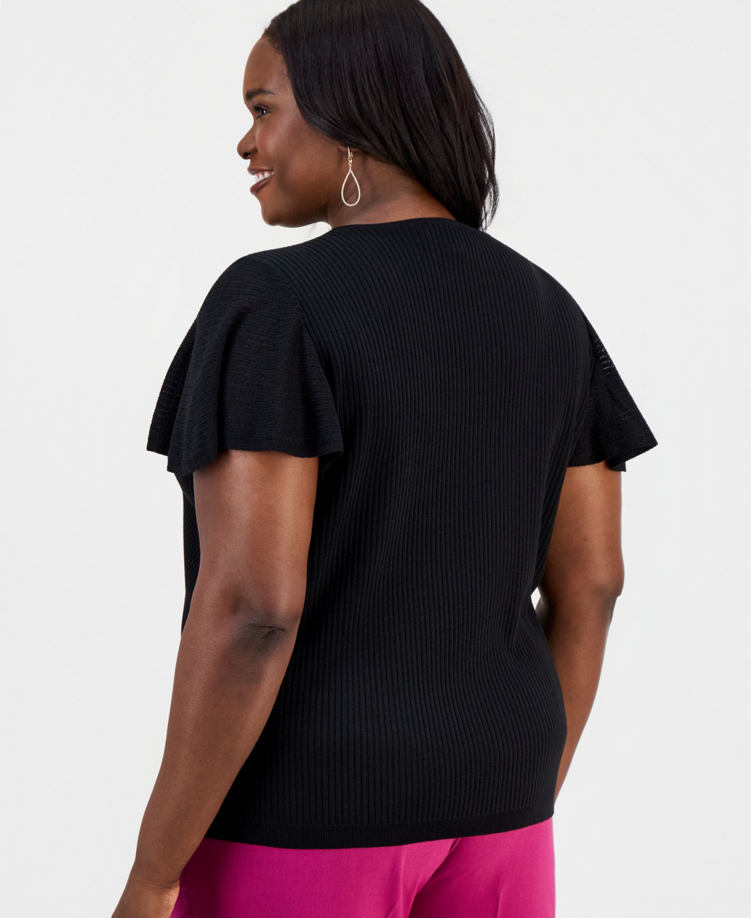 Petite Crewneck Flutter-Sleeve Rib-Knit Sweater