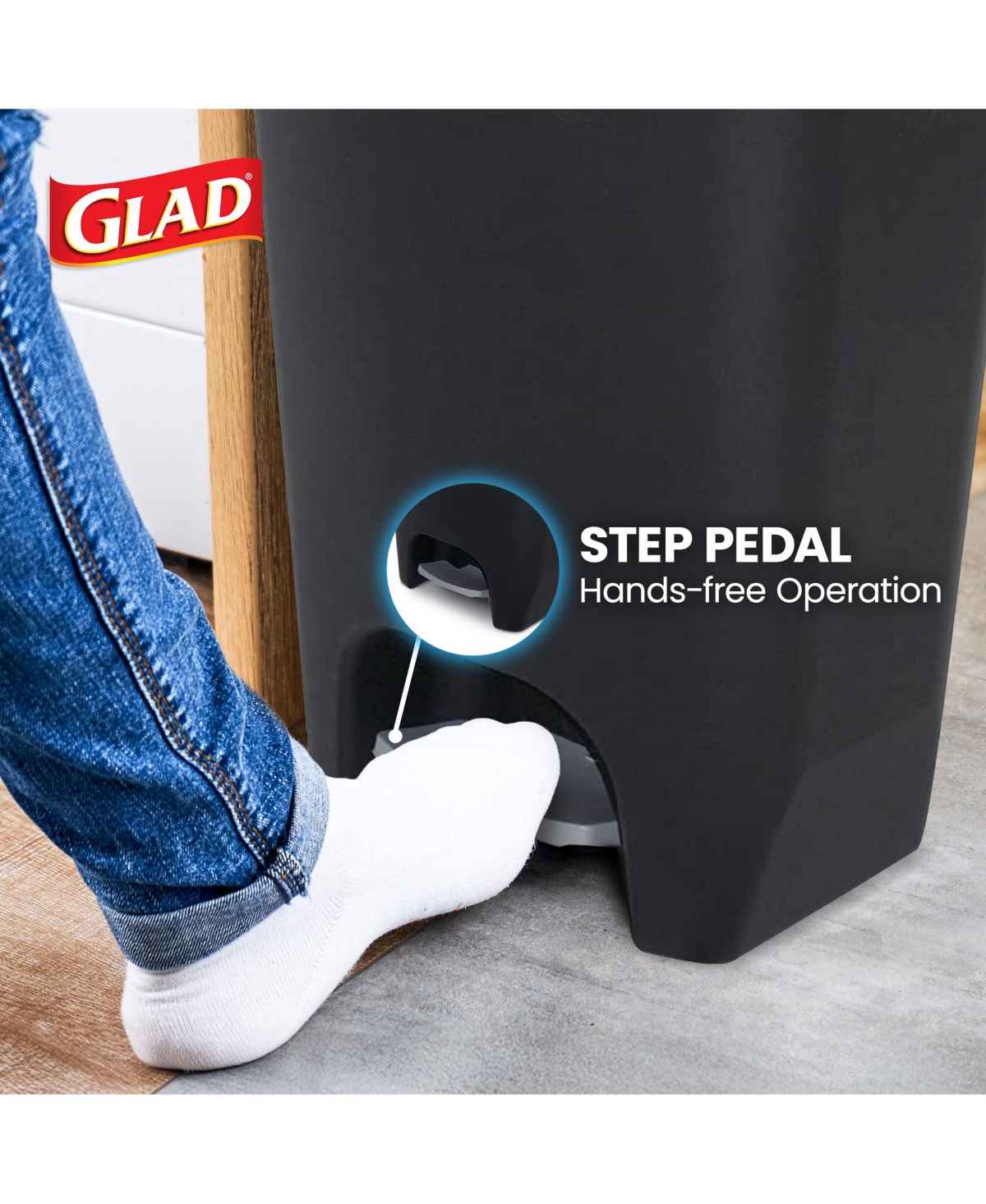 Glad Kitchen Trash Can with Lid, Foot Pedal and Garbage Bag Rings, 13 Gal