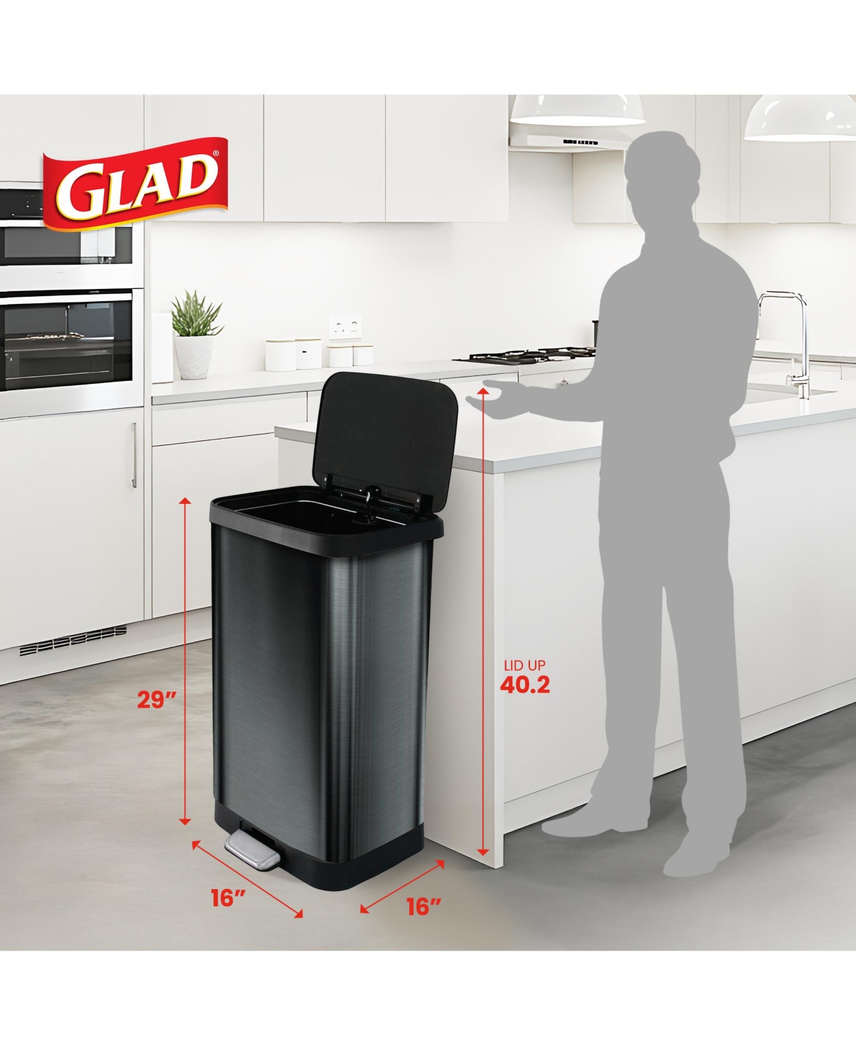 Glad Step Trash Can, Soft Close Lid Bin with Odor Protection, 20 Gallon, Pewter
