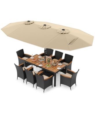 11 PCS Patio Wicker Dining Set with Double-Sided Outdoor Umbrella 8 Chairs