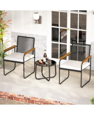 3 Pieces Patio Furniture Set PE Rattan Porch Chairs with Round Tempered Glass Top Table