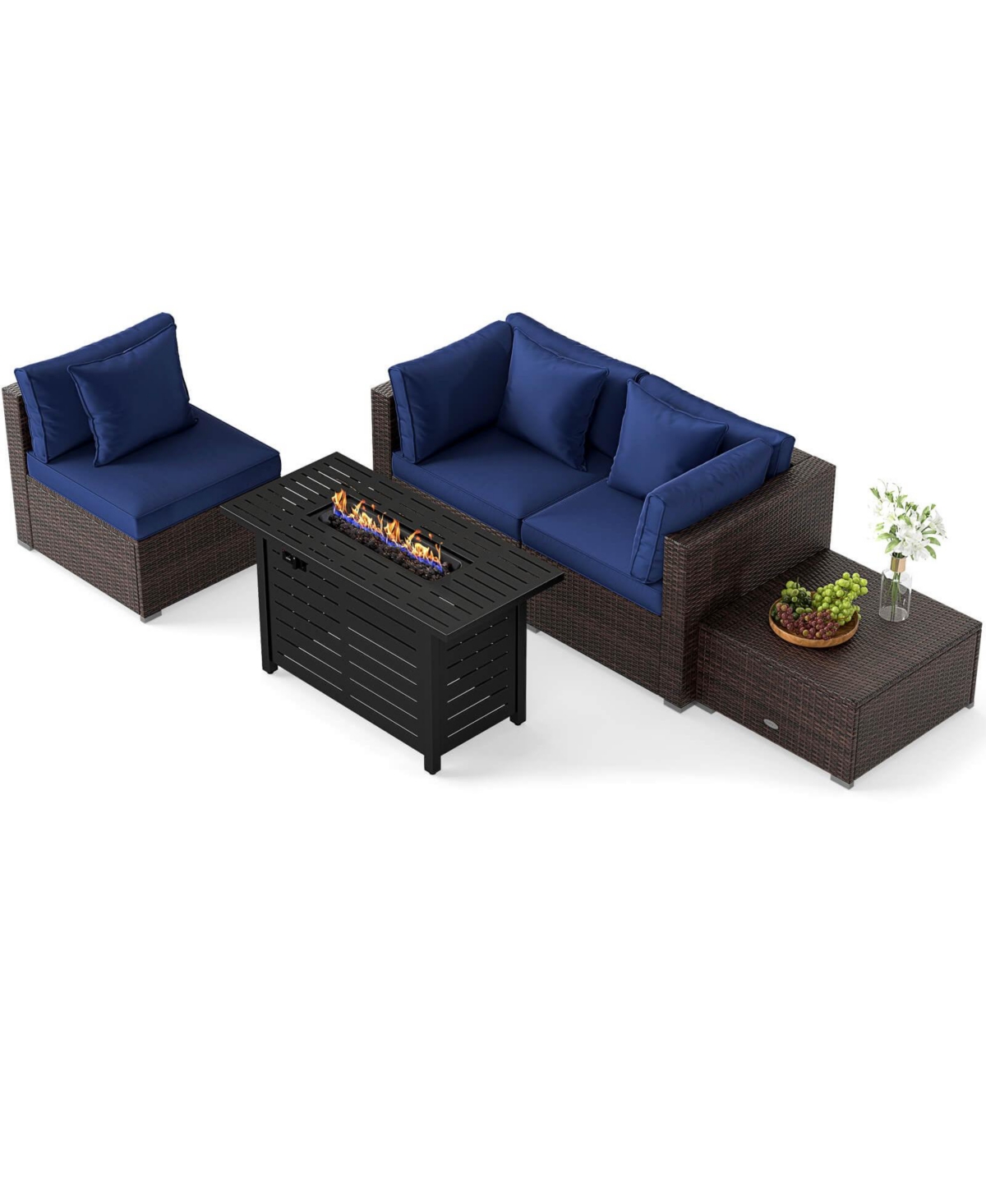 Costway 5 Pieces Patio Furniture Set Heavy-duty Frame Rattan Sofa with 60,000 Btu Firepit Table
