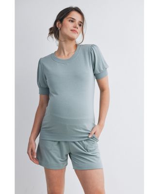 Maternity French Terry Lounge Set - Puff Sleeve Top and Shorts with Pockets