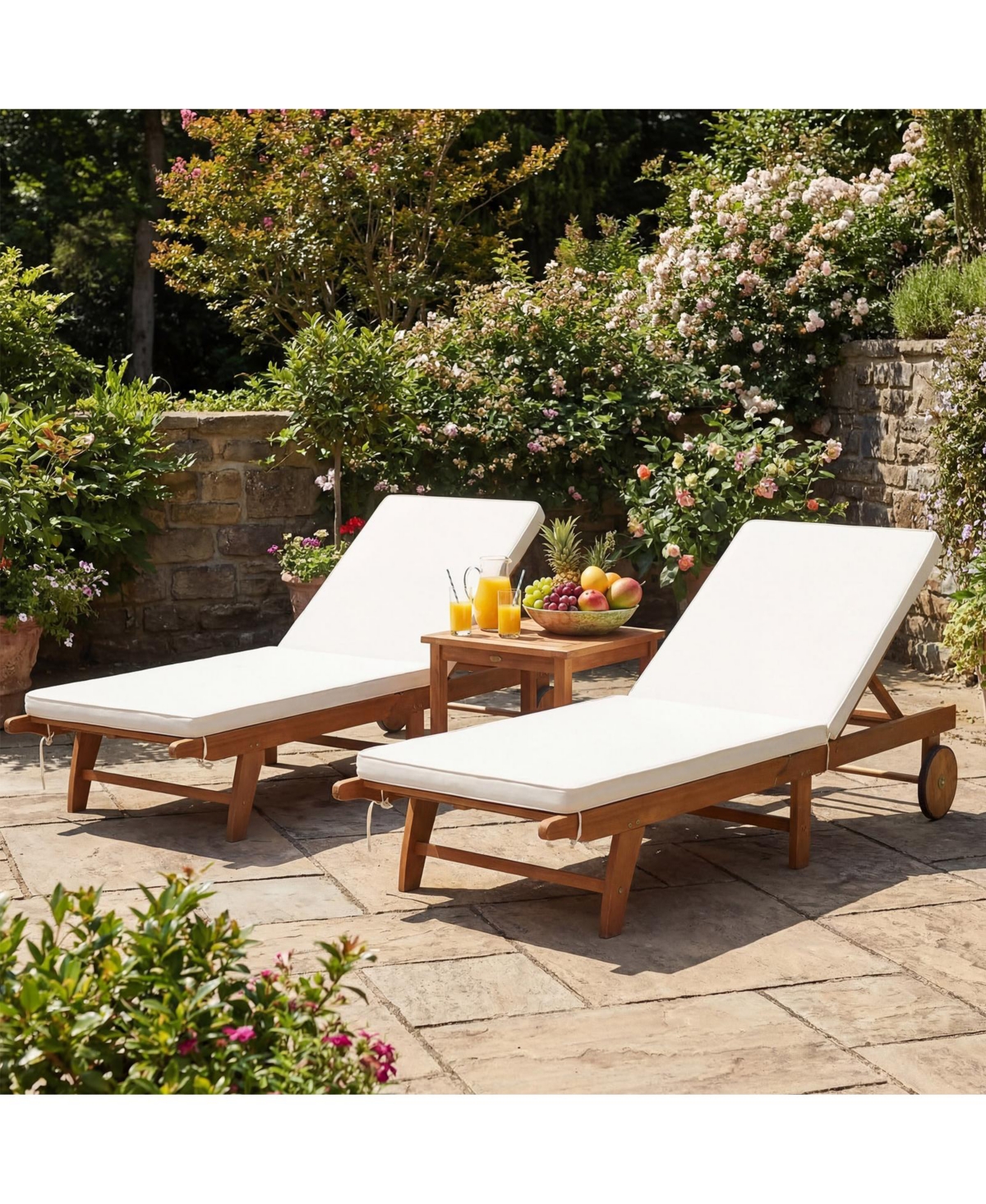 Costway Patio Acacia Wood Lounge Chair Chaise Recliner Adjustable Backrest Cushion Wheel