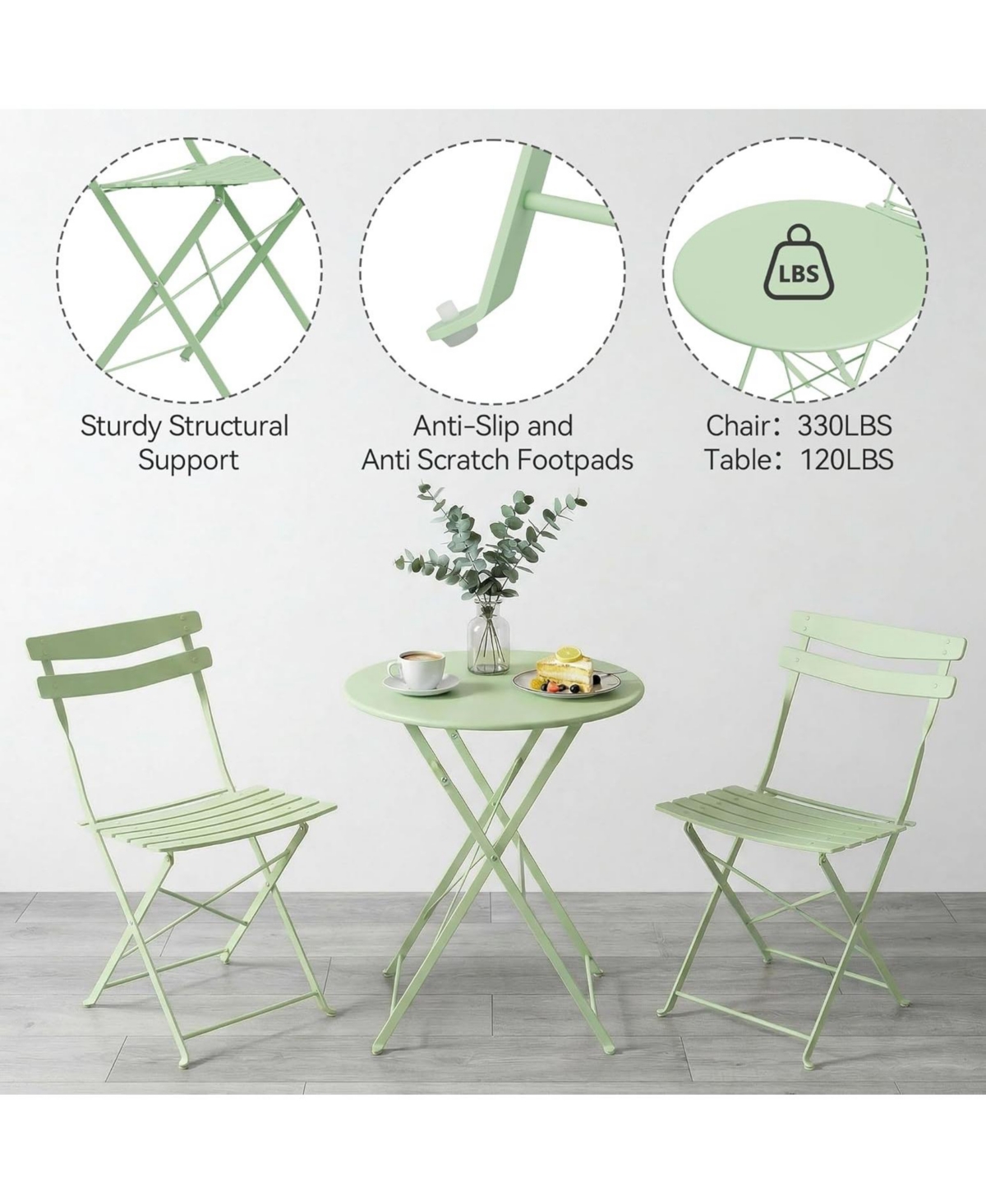 gaomon 3 Piece Folding Patio Bistro Set, Metal Table and 2 Chairs, Compact Outdoor Indoor Bistro Set for Balcony, Garden, Yard