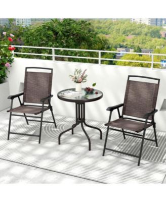 3 Pieces Patio Round Table and Folding Chairs Set with Rippled Tempered Glass Tabletop