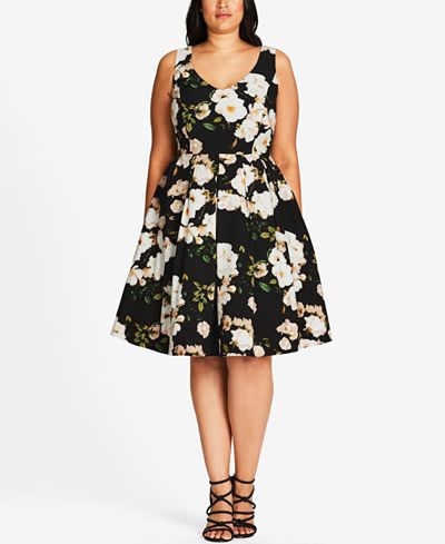 City Chic Plus Size Floral-Print Fit & Flare Dress