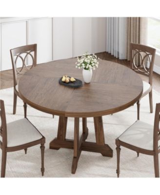 Round Dining Table for 4, 47 Inch Farmhouse Kitchen Table with Wood Tabletop and Stable Base, Circle Dinning Room Table
