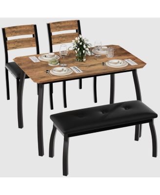 Dining Table Set for 4 Wooden Kitchen Table with Chamfer Design and Metal Legs Upholstered Bench