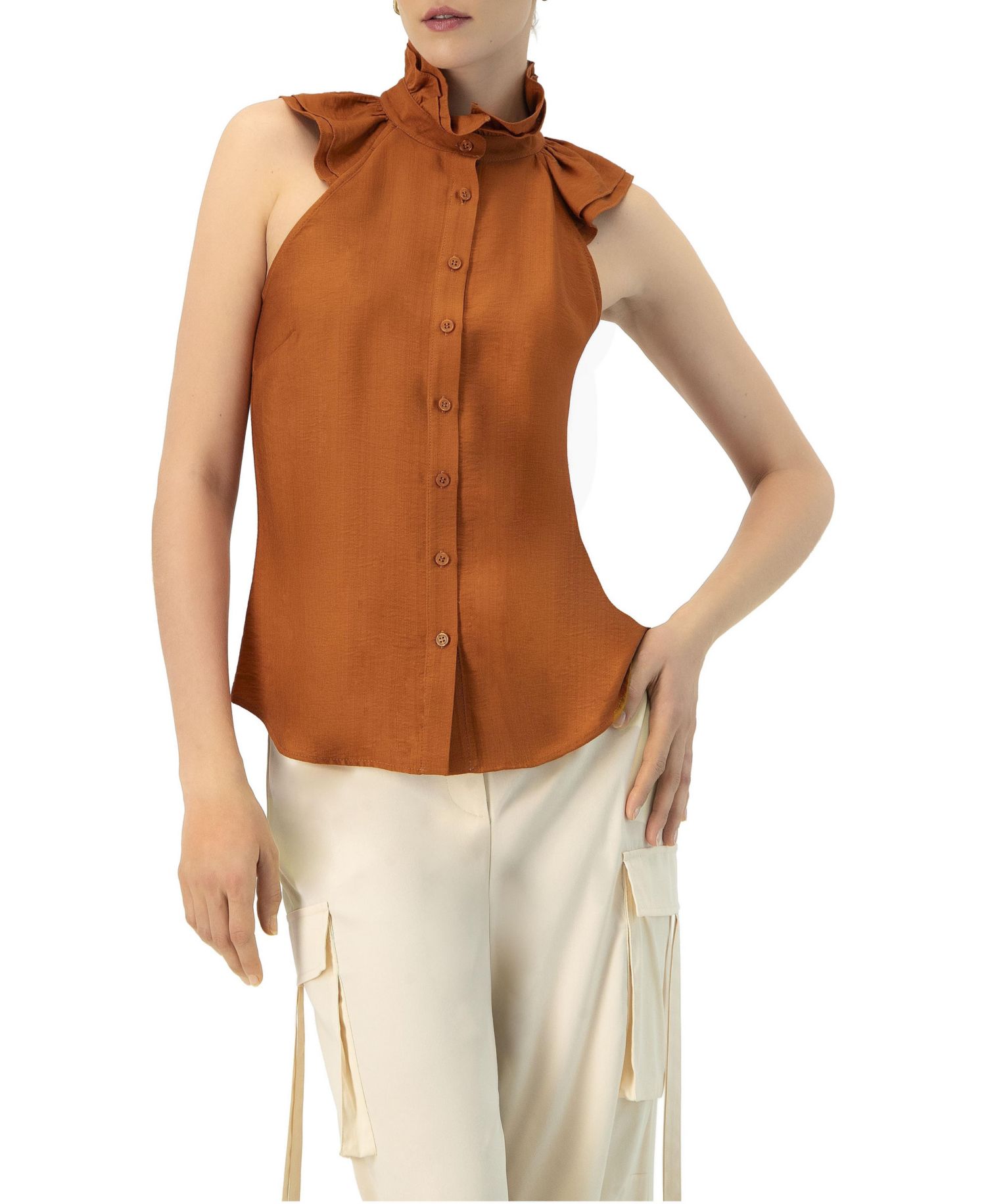 Women's Sleeveless High Neck Blouse with Front Buttons