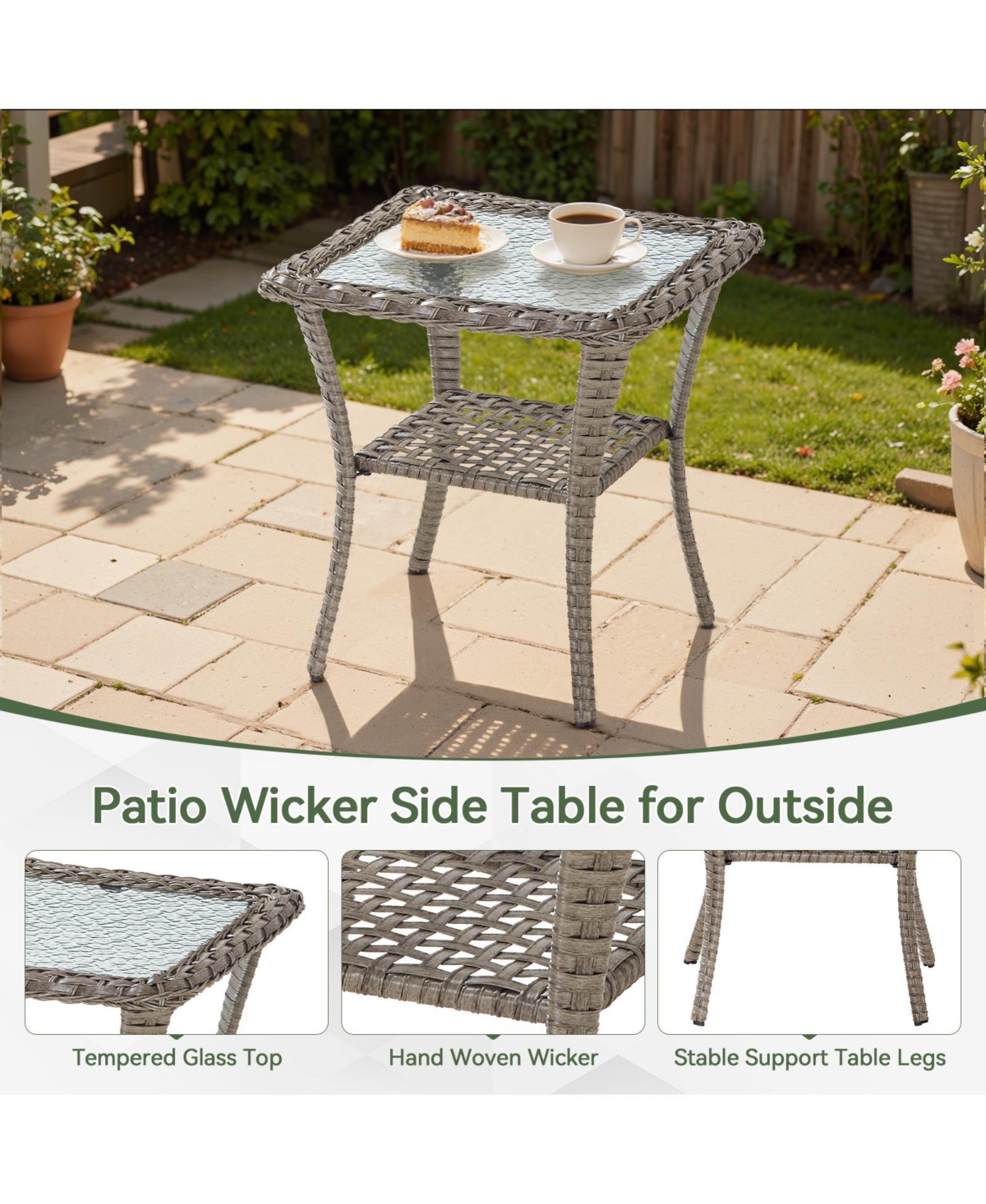 Pocassy Outdoor Side Table - Tempered Glass Wicker Table, Waterproof Patio Coffee Table Rattan End Table with Storage