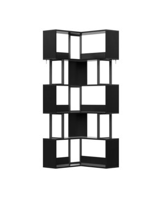 Space-Saving L-Shaped Corner Bookshelf - 6-Tier Freestanding Metal and Wood Bookcase with Baffle - Storage Rack for Living Room or Home Office