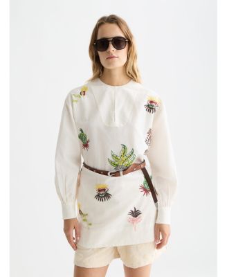 Women's Embroidered Long Sleeve Cotton and Linen Shift Dress