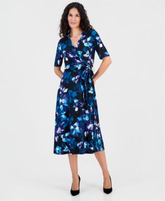 Women's Elbow-Sleeve Wrap-Front Fit & Flare Dress
