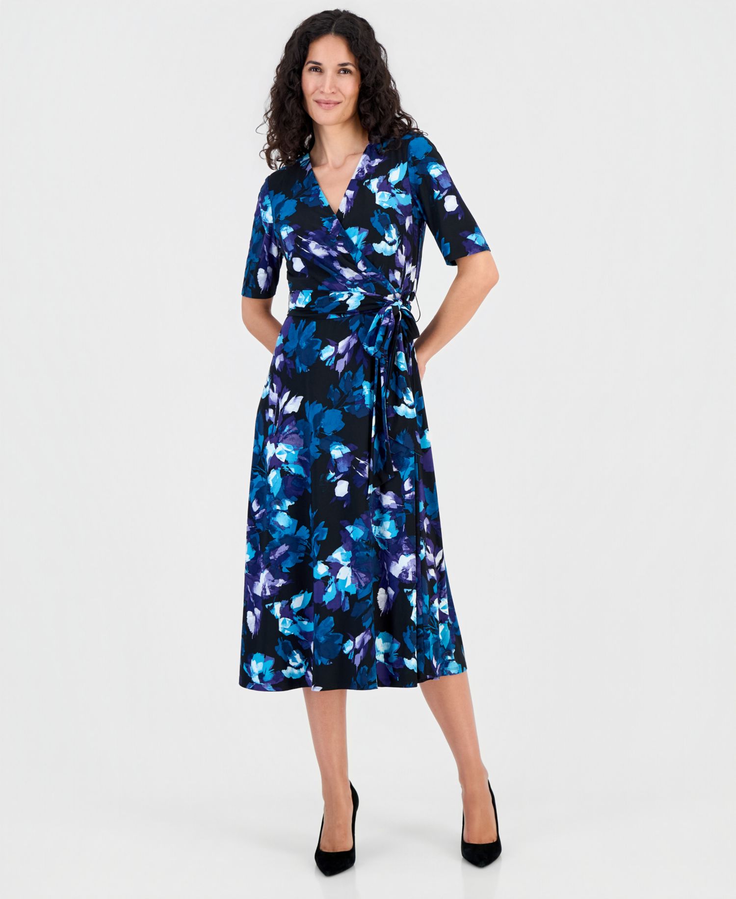 Women's Elbow-Sleeve Wrap-Front Fit & Flare Dress