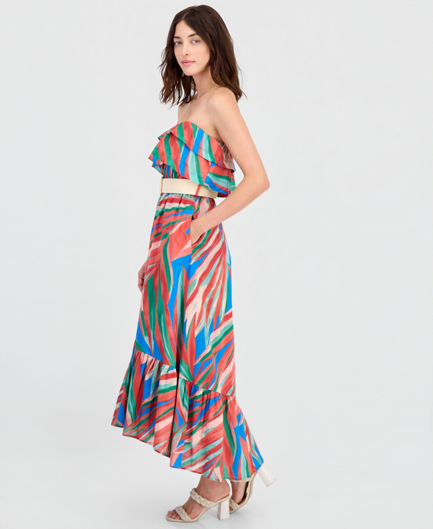 Women's Strapless Tropical Ruffled Maxi Dress