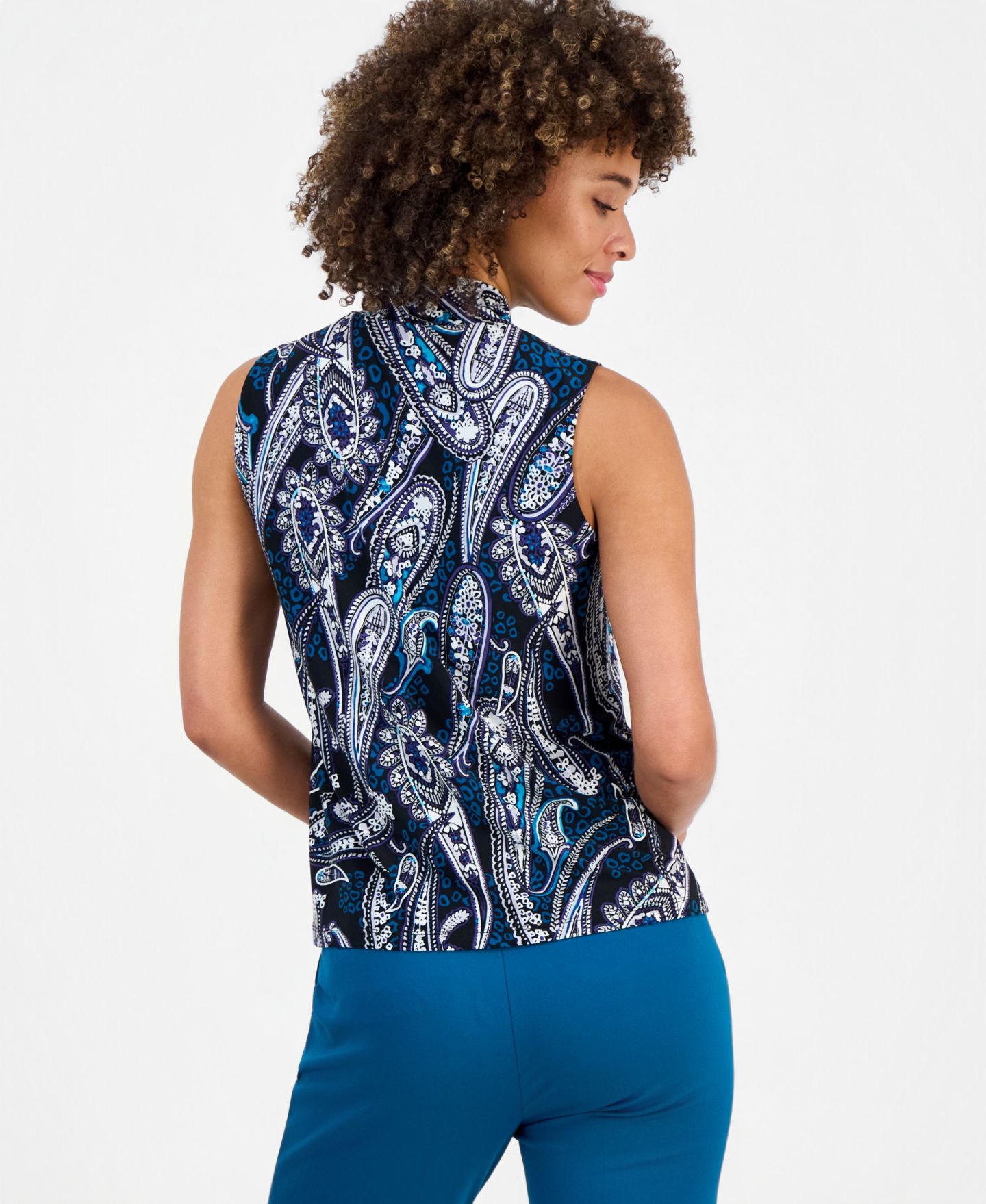Женская блузка Kasper V-Knot-Neck Sleeveless Blouse, цвет: Чёрный разноцветный — фото 4