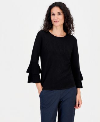 Women's Textured Knit Flared-Cuff 3/4-Sleeve Top