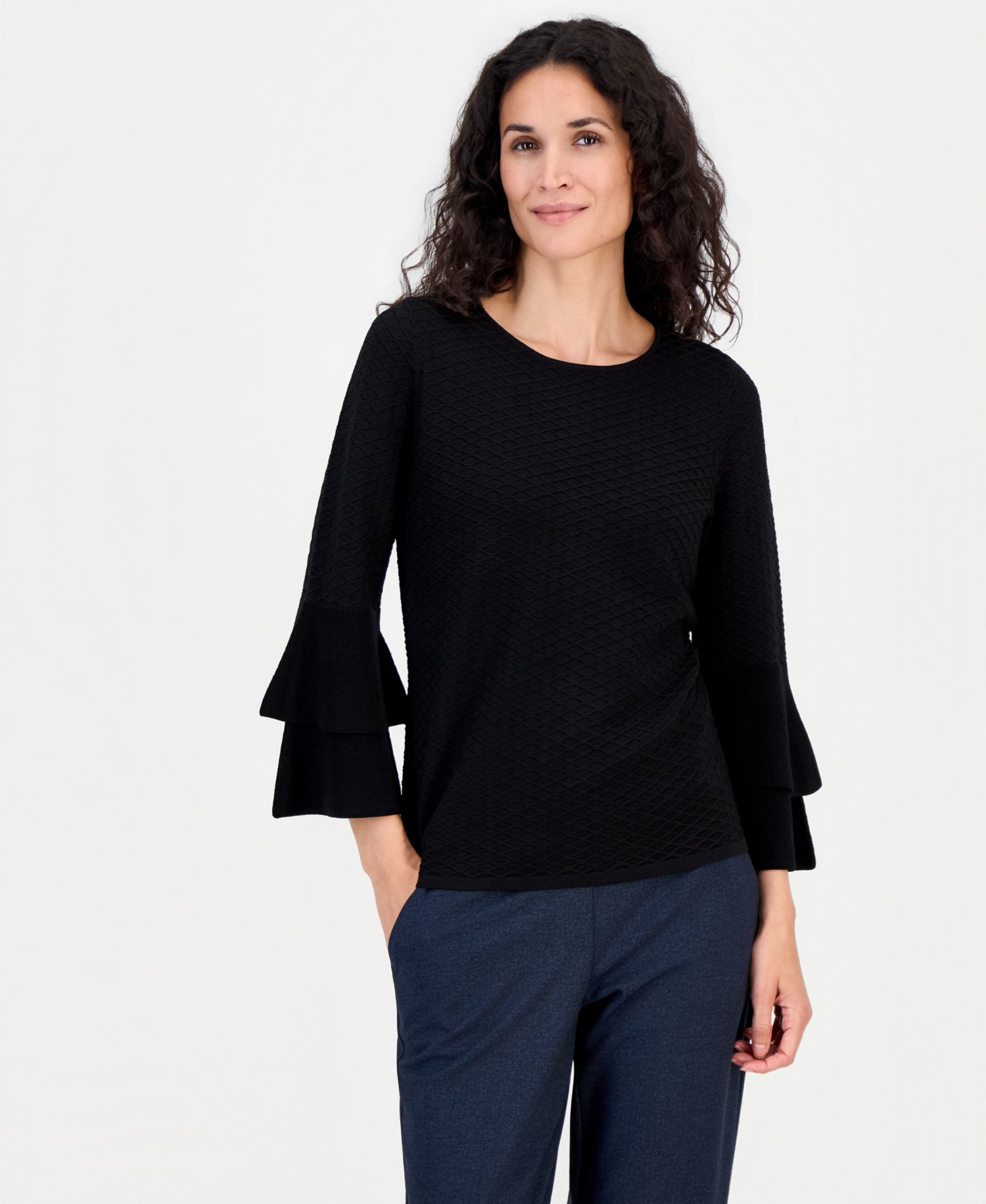 Petite Textured Knit Flared-Cuff 3/4-Sleeve Top