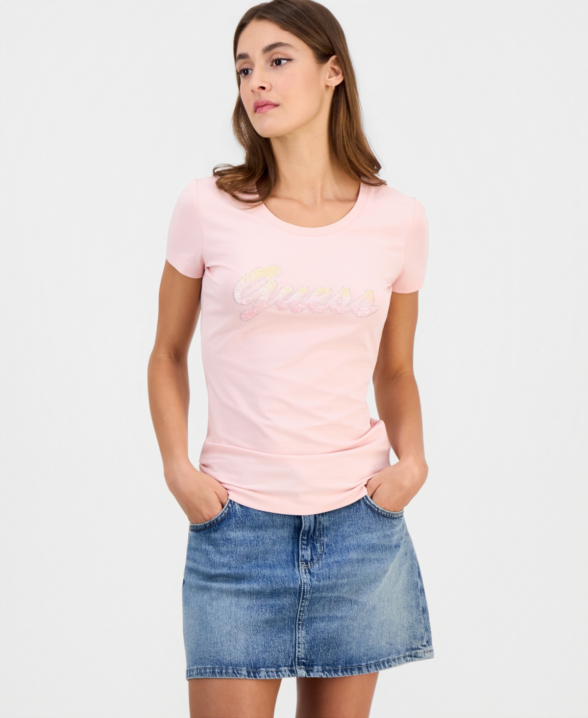 Guess Women's Short-Sleeve Crewneck Ombre Paillette Logo T-Shirt