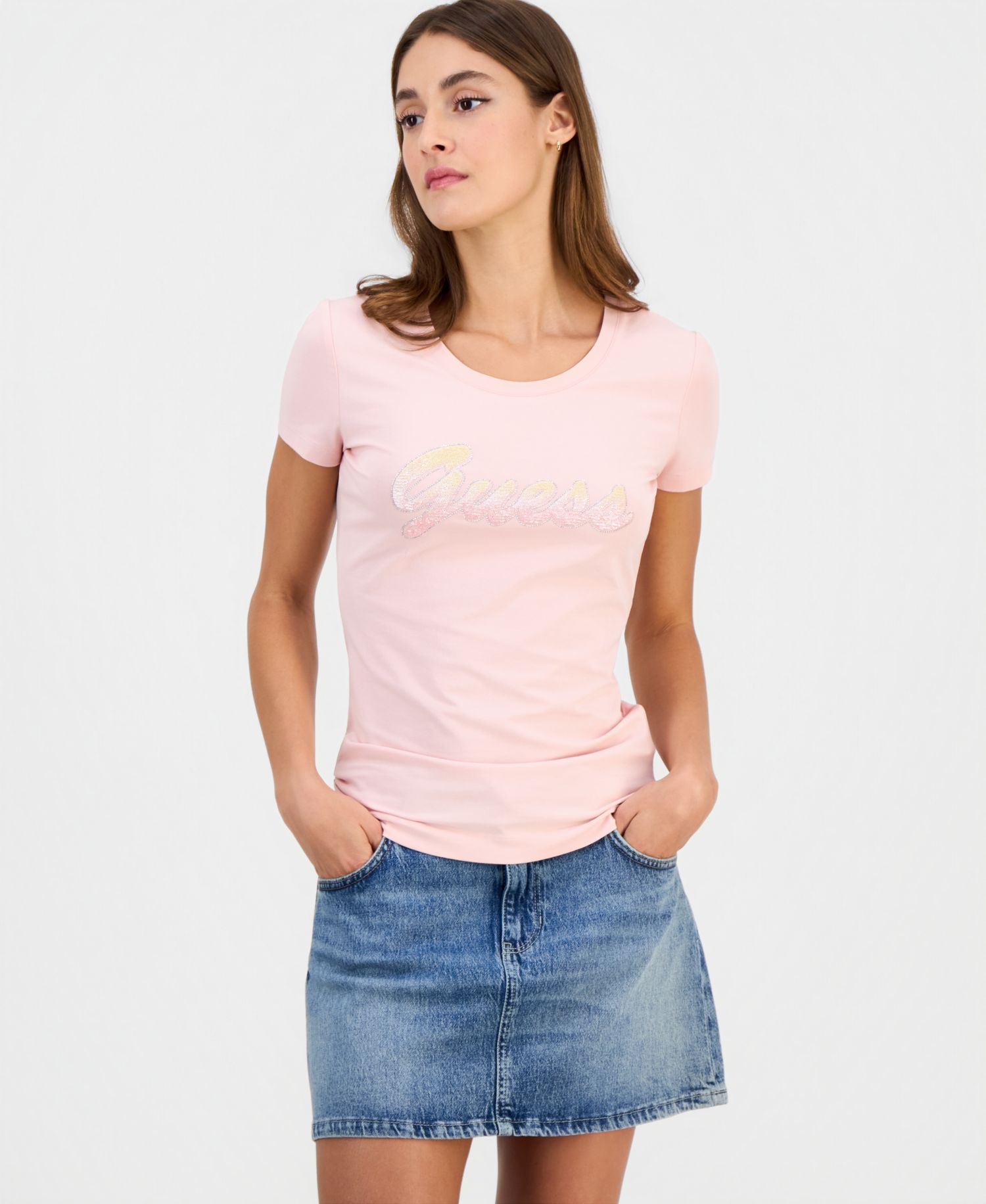 Women's Short-Sleeve Crewneck Degrade Paillette Logo T-Shirt