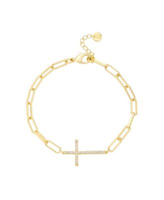 Cubic Zirconia Gold-Tone Plated Cross Paperclip Chain Bracelet
