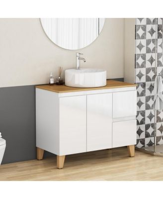 Freestanding Bathroom Vanity with Sink, Modern Solid Wood Top, Soft Close Drawers, Round Countertop Basin