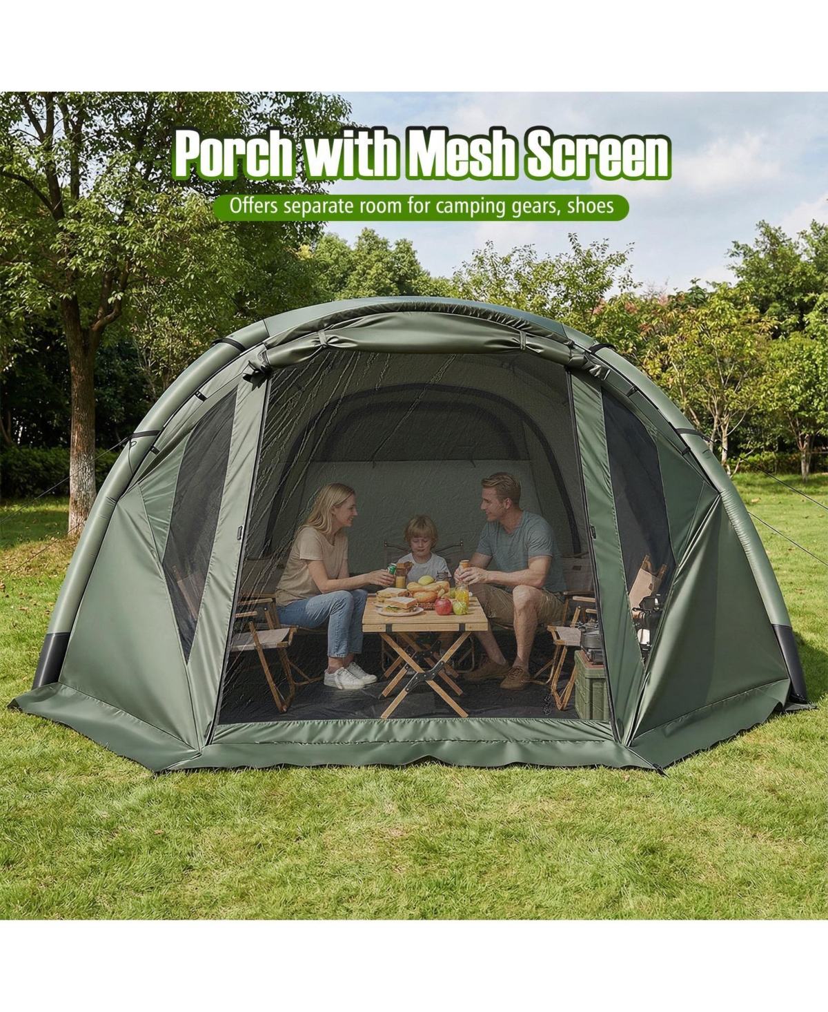 Costway Inflatable Camping Tent with Screened Porch, Mesh and Transparent Windows, Door
