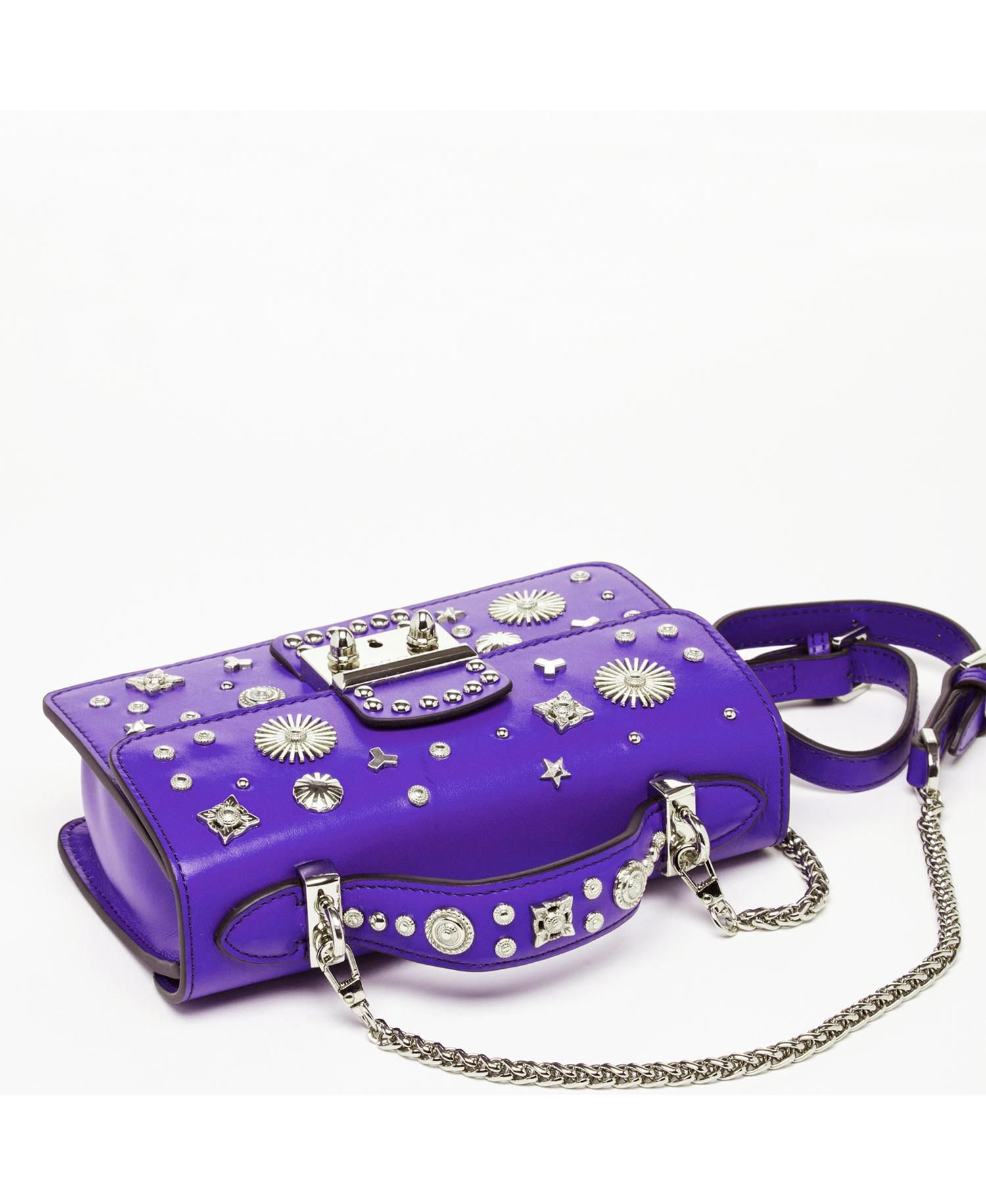 Women's Royal Leather Studded Mini Crossbody Bag Structured Top Handle Satchel with Buckle Closure