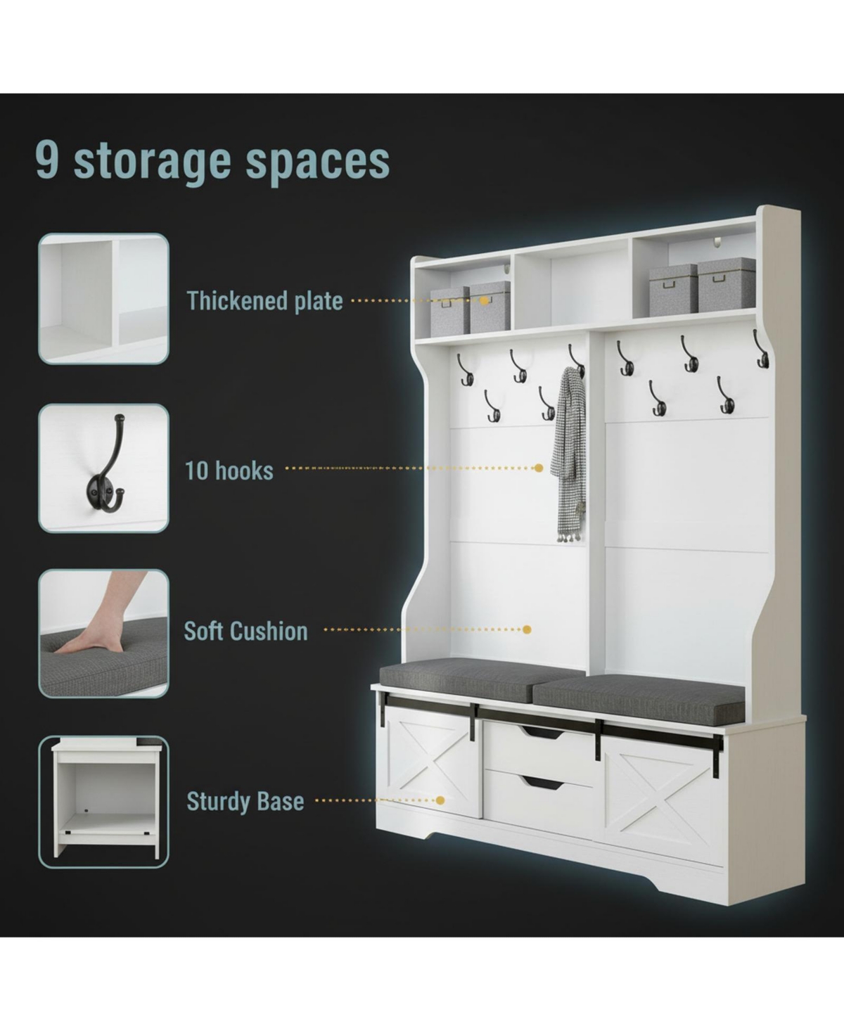Yigii Hall Tree Bench Shoe Storage Coat Rack Farmhouse Barn Door 4in1 Cushioned Stool Hooks