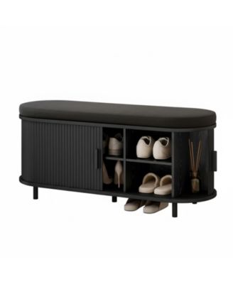 43" Shoe Bench Storage Sliding Door Adjustable Shelf Fluted Cushion Entryway Hallway Living Room