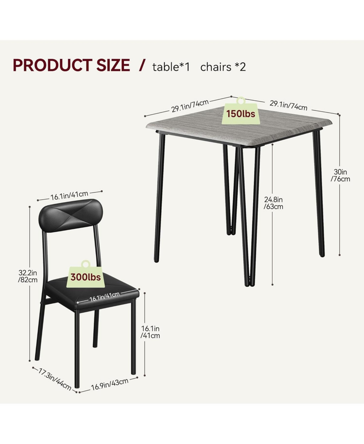 gaomon 3-Piece Square Dining Set for 2, Table with 2 Upholstered Pu Chairs
