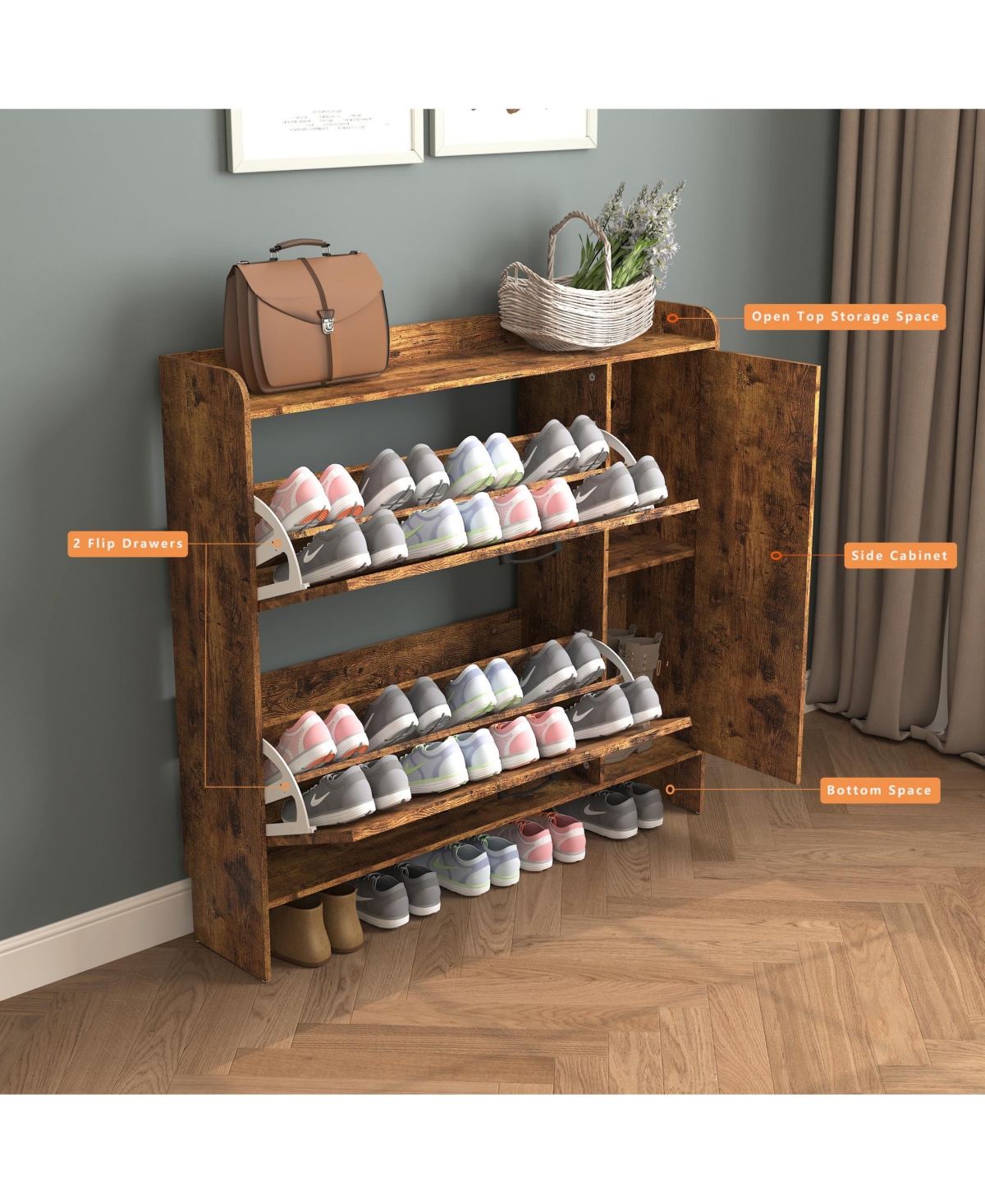 Rainsken Rustic Brown Shoe Storage Cabinet, Freestanding Shoe Rack, Narrow Shoe Organizer with 2 Flip Drawers and Mirror Door for Entryway, Hallway