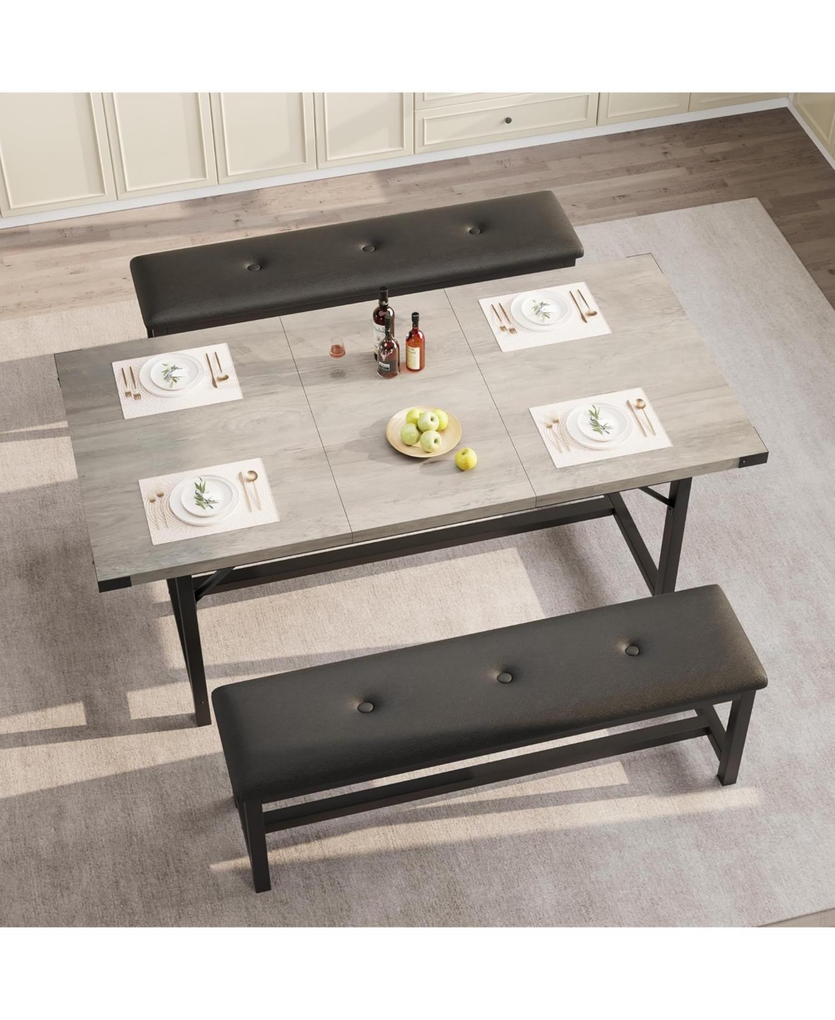 gaomon Extendable Dining Set for 4-6 with 2 Padded Benches