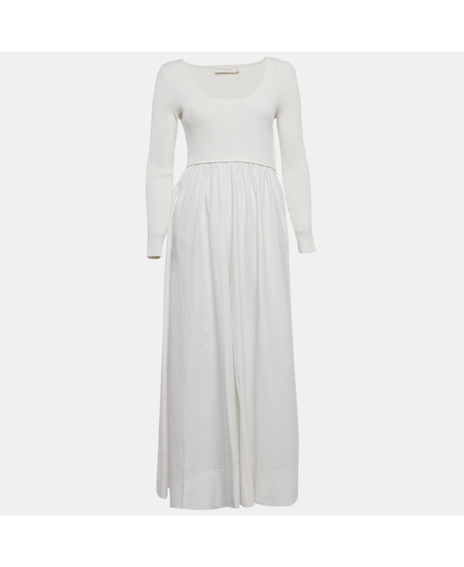 Women's Rib Knit And Poplin Scoop Neck Long Dress