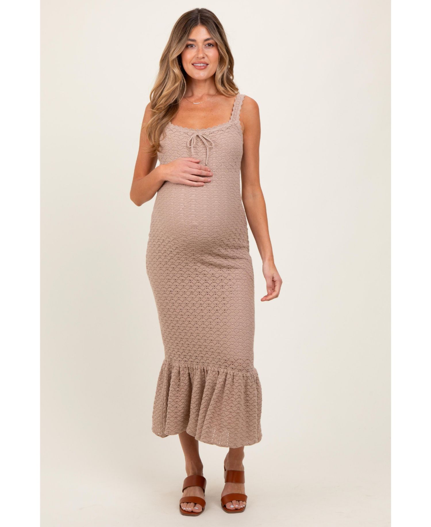 Women's Crochet Knit Front Tie Midi Dress