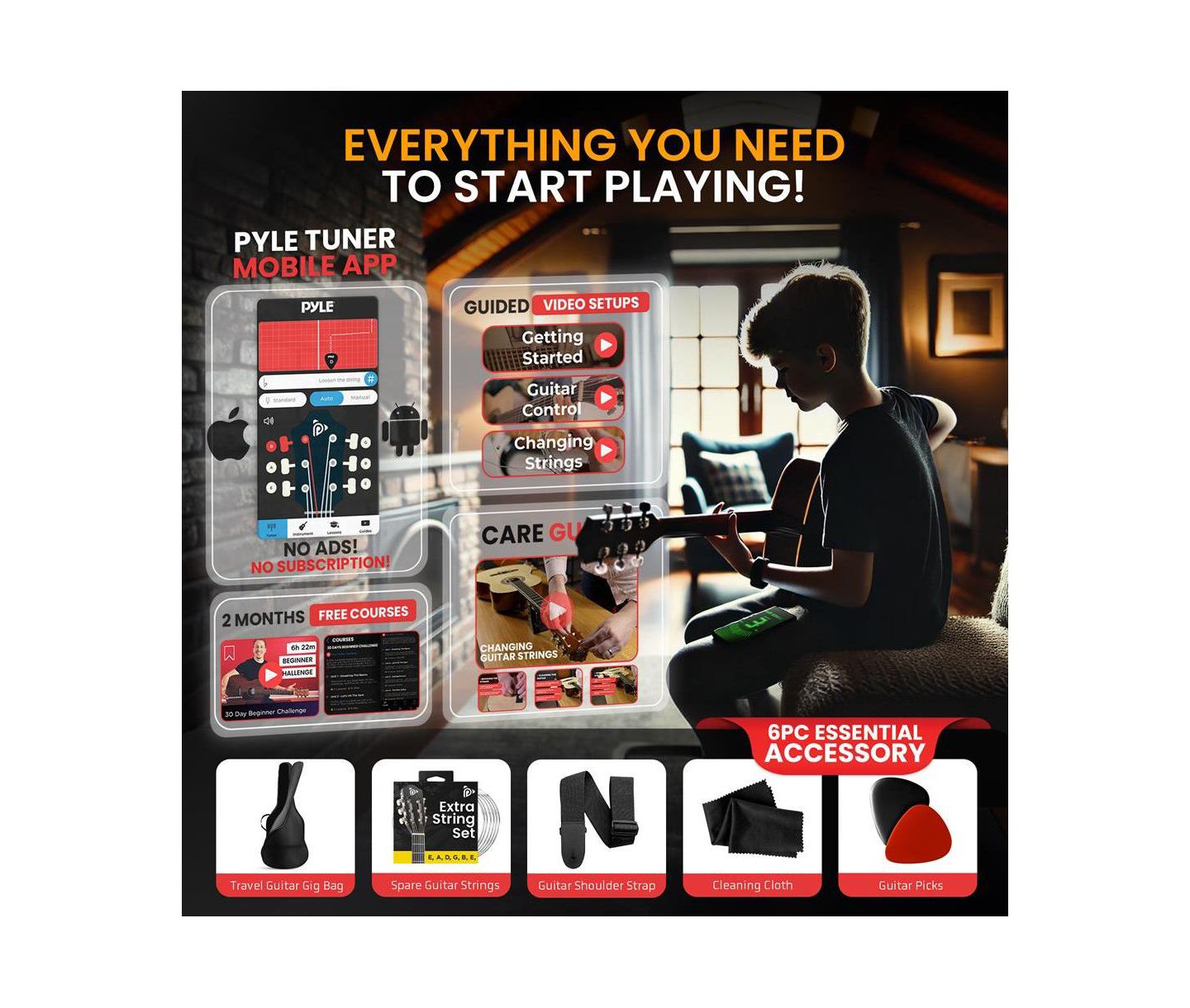 Детские игрушки Pyle Beginners 6-String Acoustic Guitar Kit with Digital Tuner, Ages 3+, цвет: Чёрный — фото 2