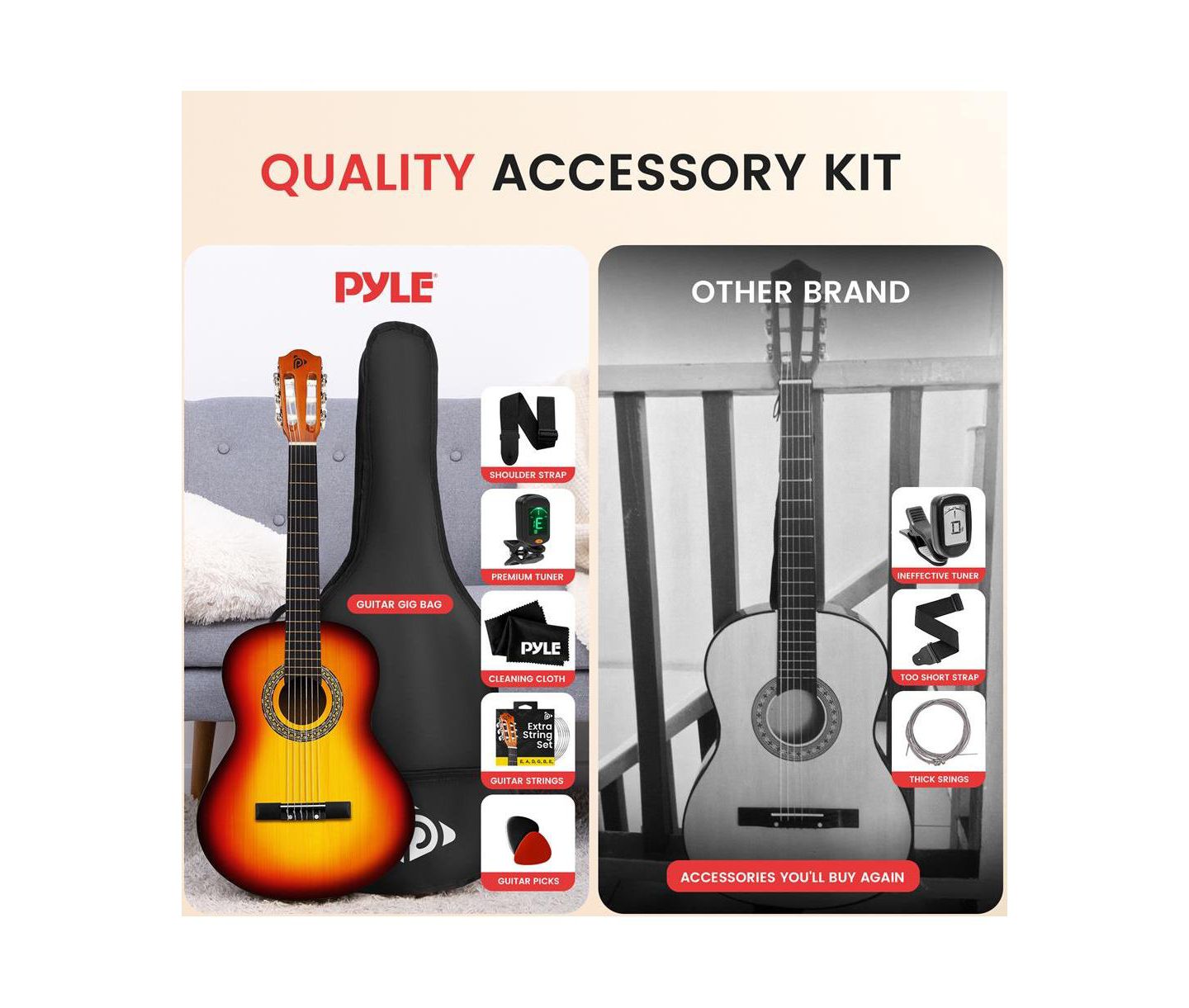 Детские игрушки Pyle Classic Nylon-String Digital Tuner Guitar Kit, 7-Piece, Ages 11+ — фото 6