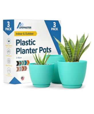 Set of 3 aqua plant pots with drainage holes and saucers. Stackable, durable, weatherproof, and perfect for indoor or outdoor use.