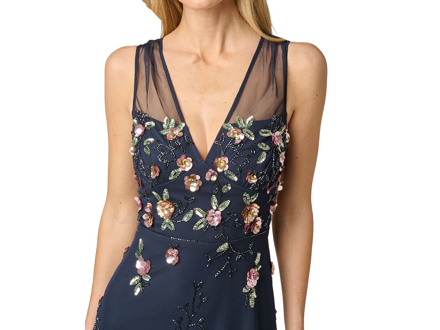 Женское платье Adrianna Papell Beaded Mesh Midi Sequin, цвет: Тёмно-синий разноцветный — фото 3