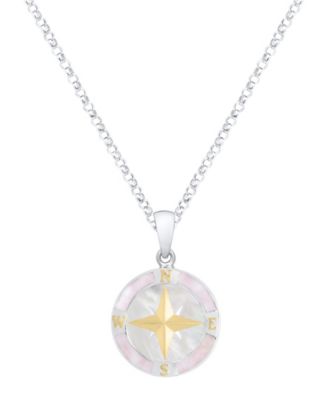 Pink Mother of Pearl Compass Pendant Necklace in Sterling Silver