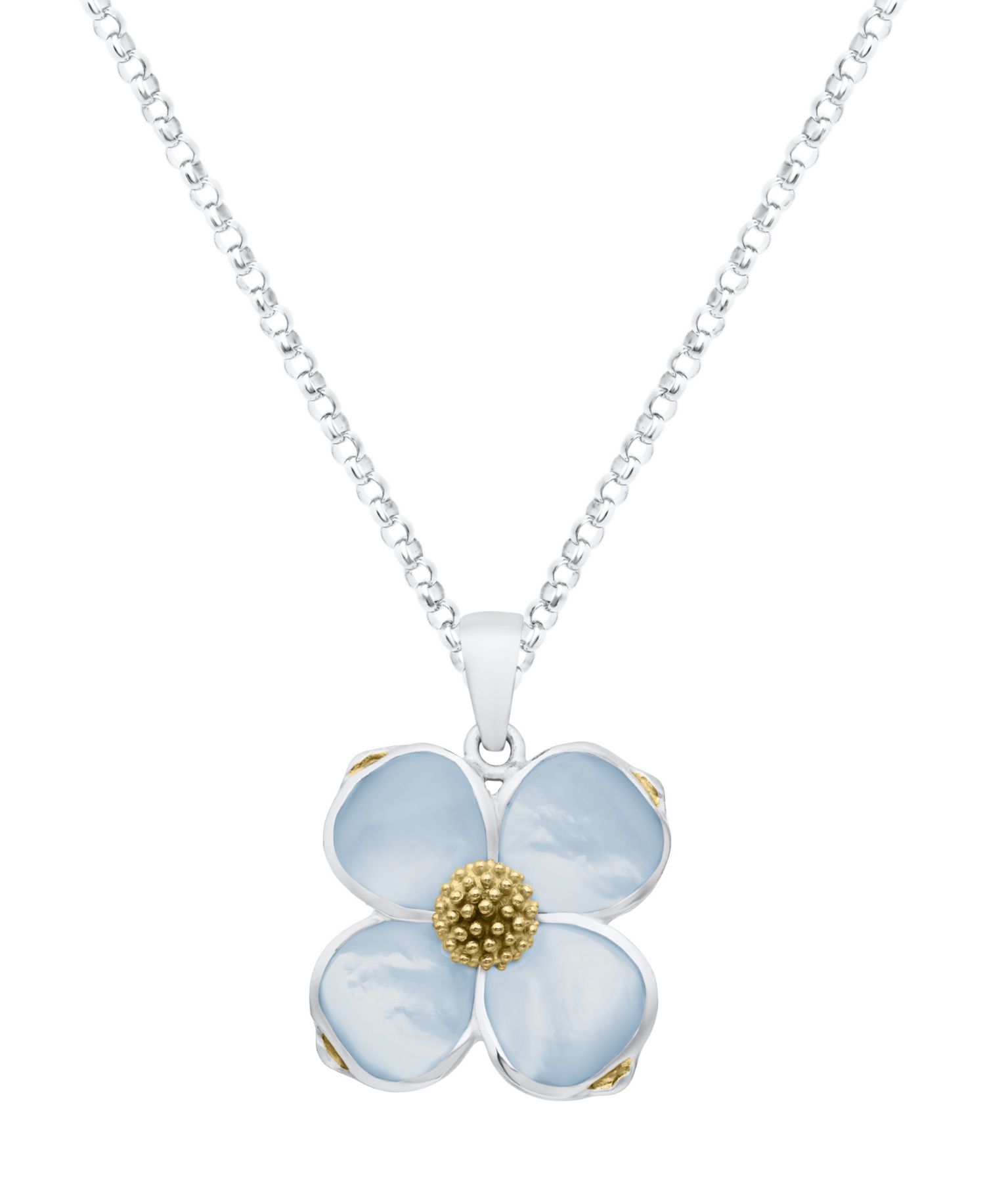 Blue Imitation Pearl Dogwood Pendant Necklace in Sterling Silver