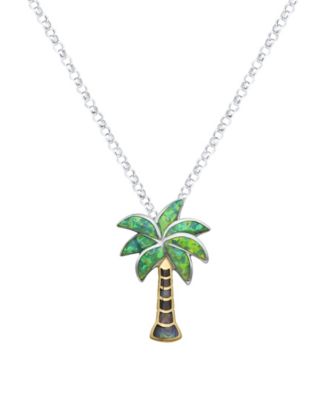 Abalone & Kyocera Green Opal Palm Tree Pendant Necklace in Sterling Silver