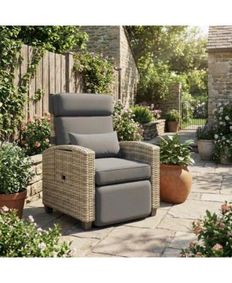 Outdoor Wicker Gas Lift Chair with Cushion, 145 Degree Adjustable PE Rattan Patio Chair with Metal Frame, Height Adjustable Lounge Chair