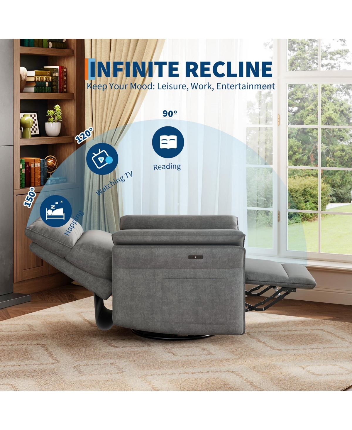 homfan Recliner Chair, 360degree(s) Swivel Rocker Glider Nursery Chair with Padded Armrest and Deep Seat, Pu Leather Upholstered Reclining Sofa