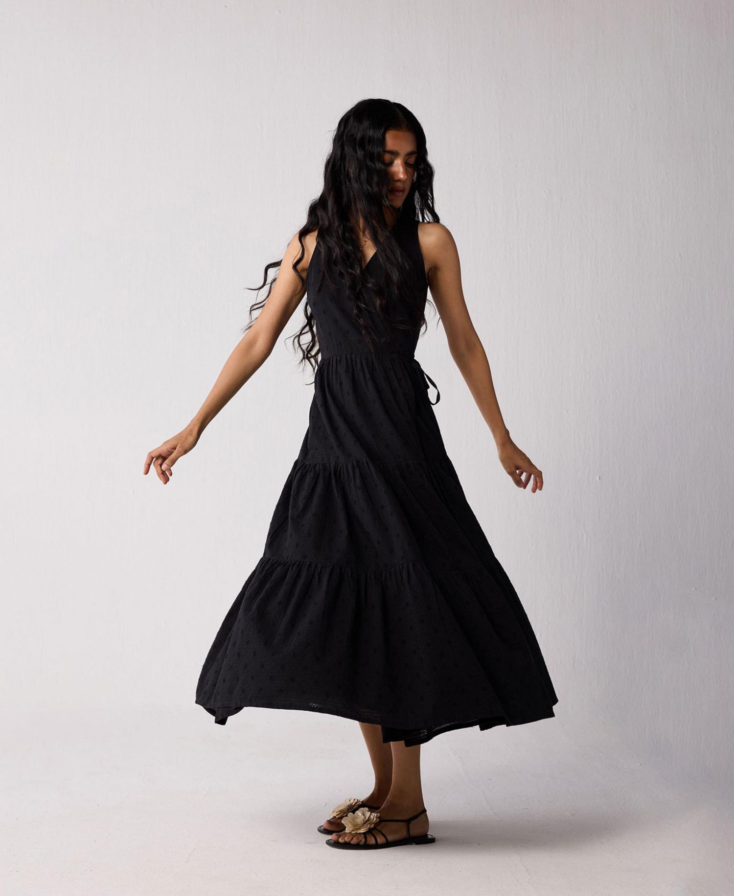 Women's Sleeveless Embroidered Wrap Dress with Tiers