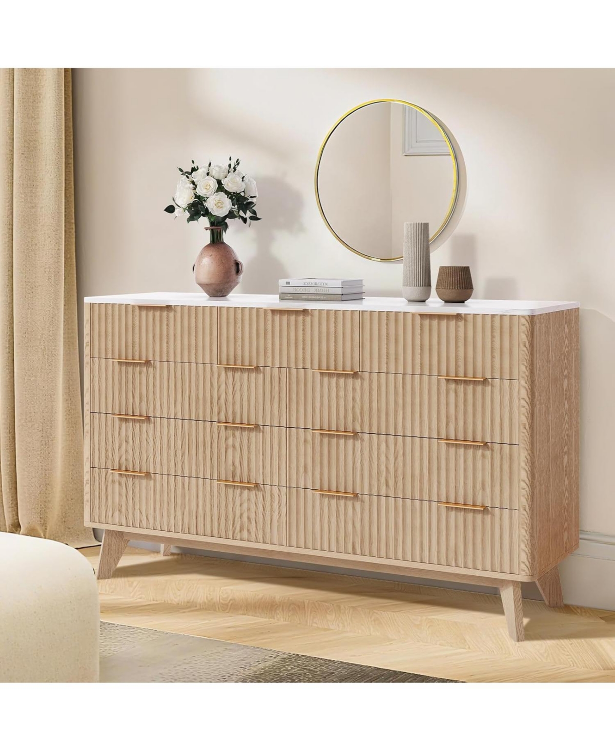 gaomon 9 Drawer Fluted Dresser with Metal Handles, Curved Wood Tv Stand for Bedroom, Living Room.