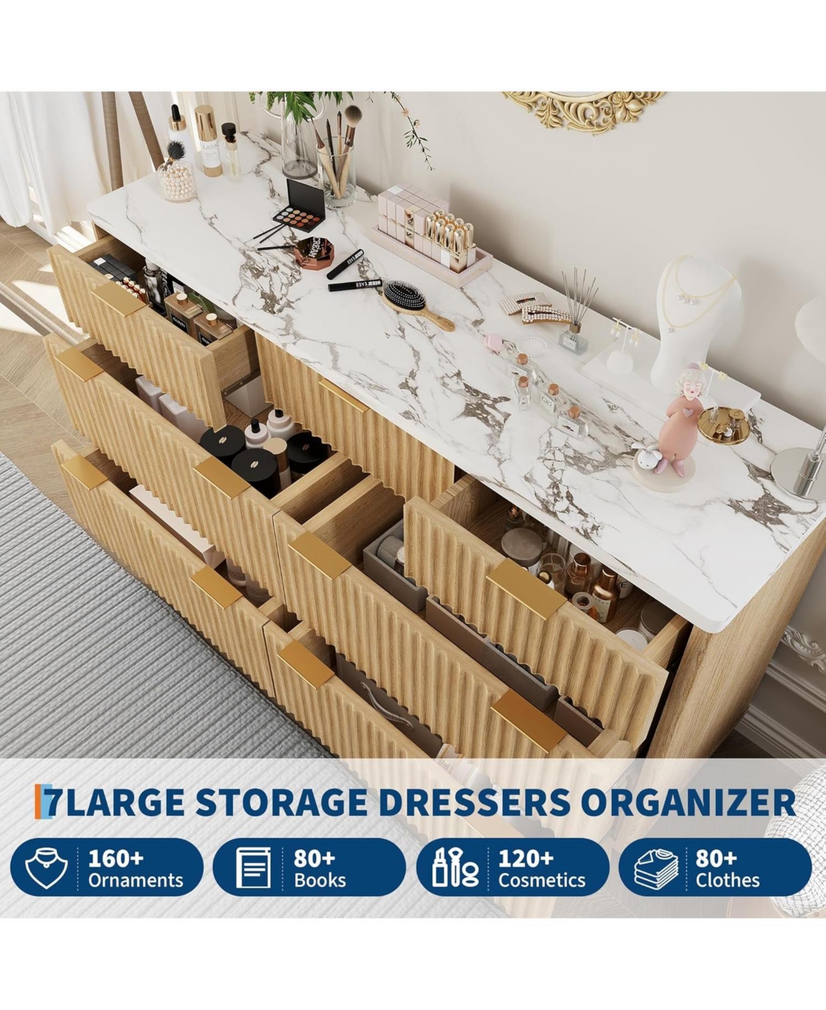gaomon 7 Drawer Fluted Dresser, Curved Wood Chest of Drawers for Bedroom, Living Room