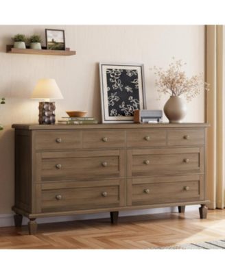 8 Drawer Dresser for Bedroom, Vintage 59" Long Dresser TV Stand with Carved Handles and Tapered Legs, Wood Chests of Drawers